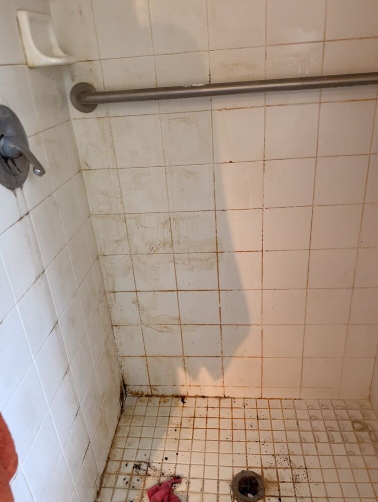 A shower with grimy, mildew-stained grout and tile before a Fresh Start deep clean.